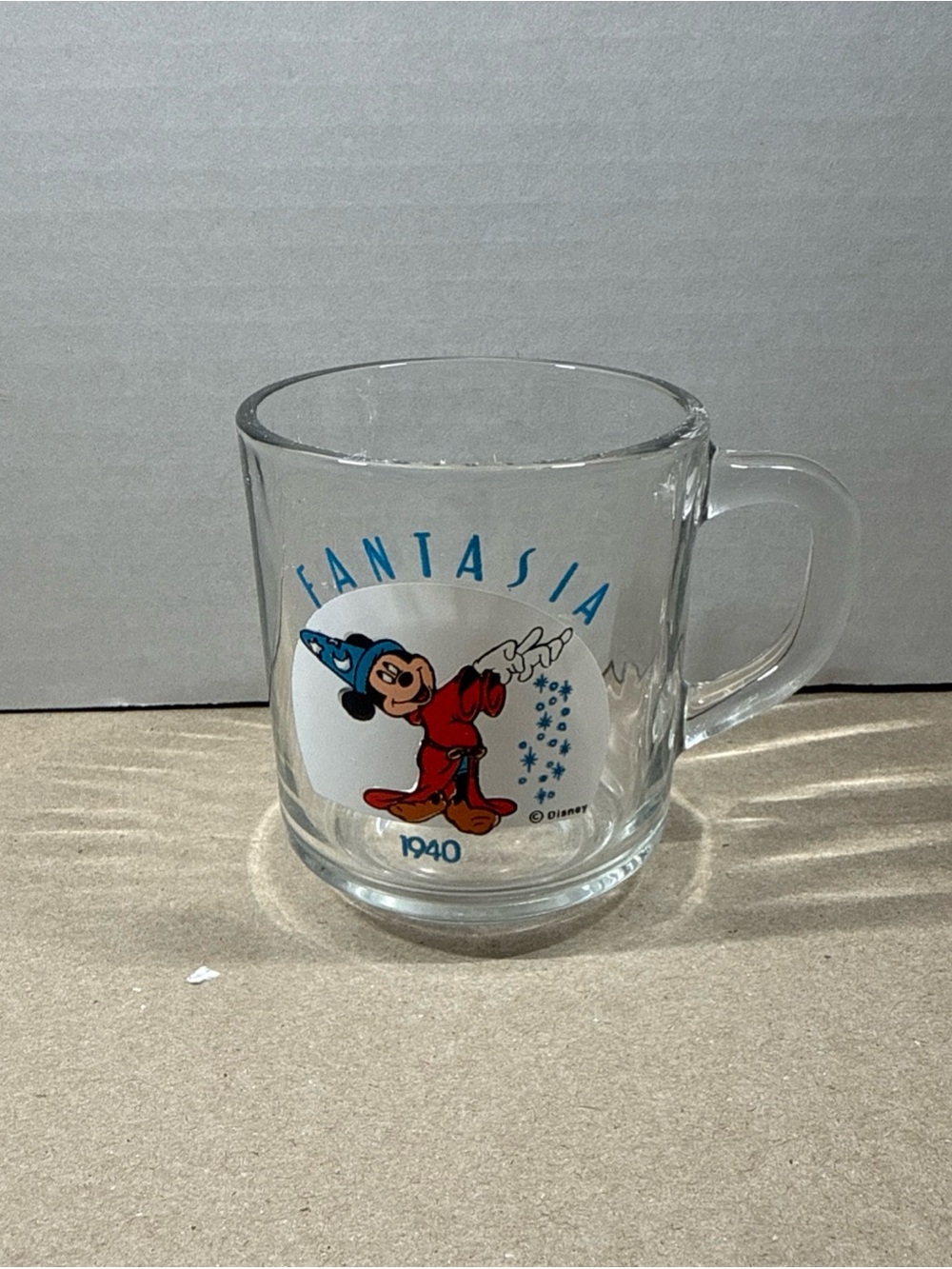 Vintage Disney Fantasia Mickey Mouse Anchor Hocking Clear Glass Mug Cup 1940 USA